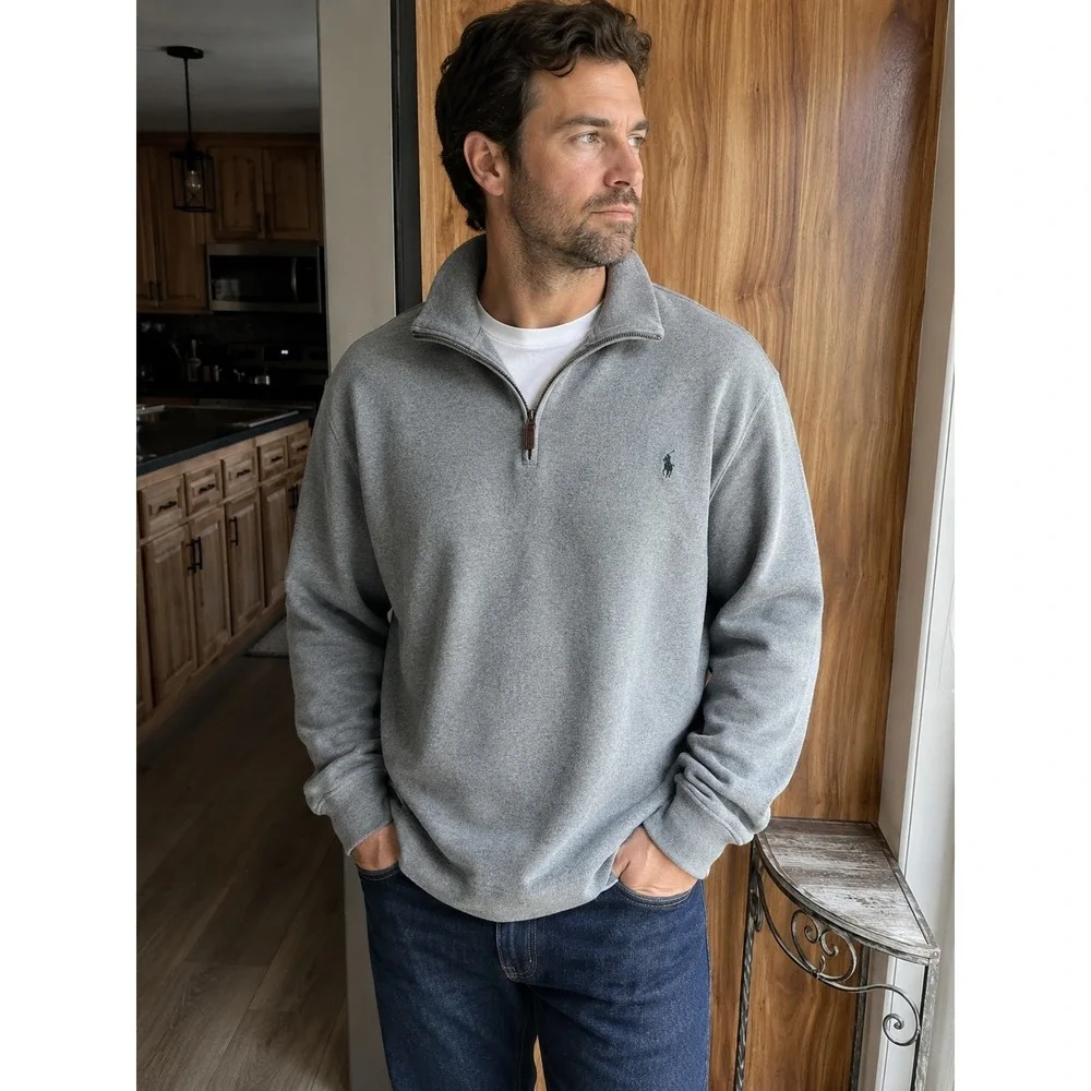 Polo Ralph Lauren Mens XL Quarter Zip Pullover Sweater Gray Cotton Pony